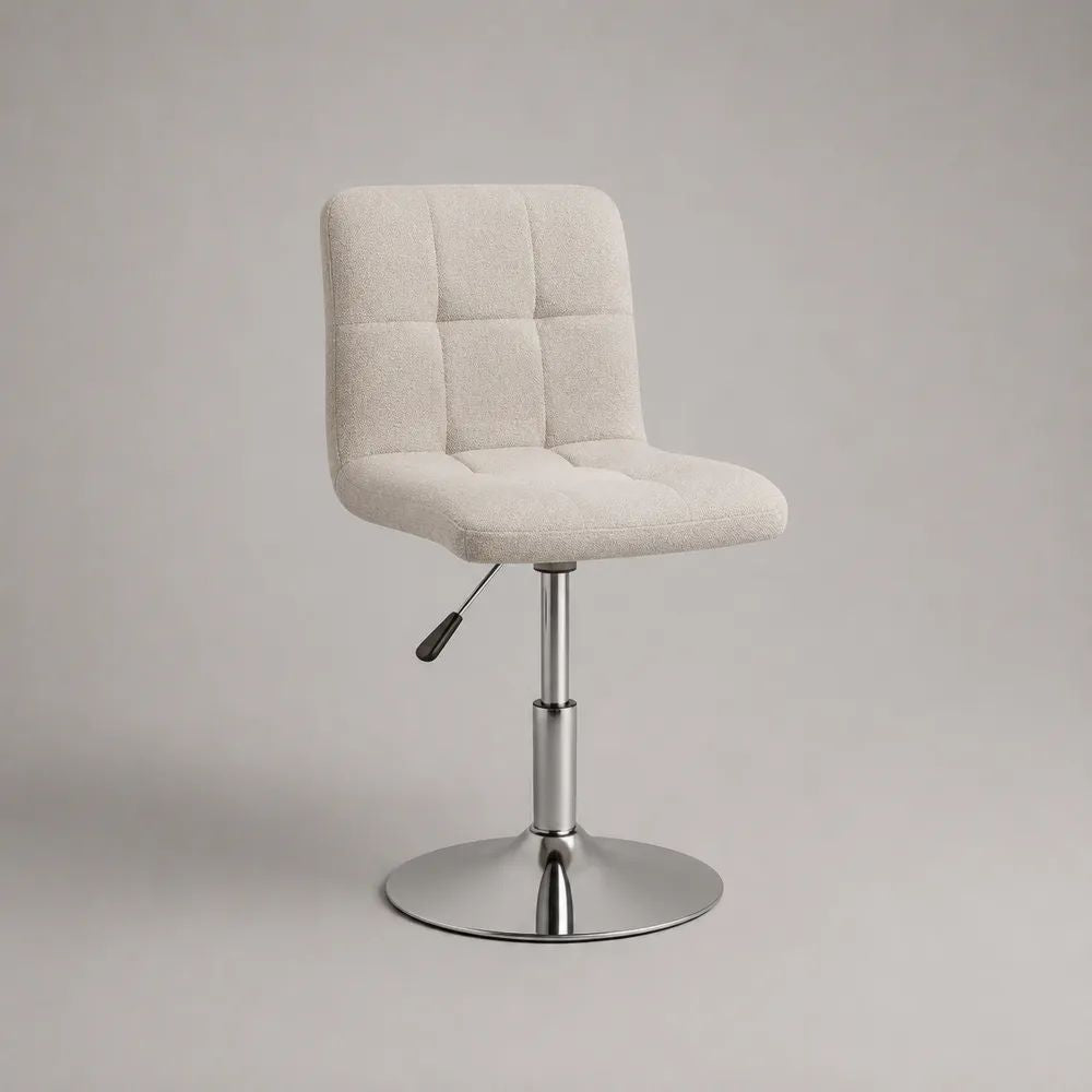 Höhenverstellbarer Esszimmerstuhl, 360° drehbar, mit Polyester-Bouclé-Bezug und verchromtem Stahlgestell, Cremeweiß/Silber, 46 × 51 × 80–101 cm