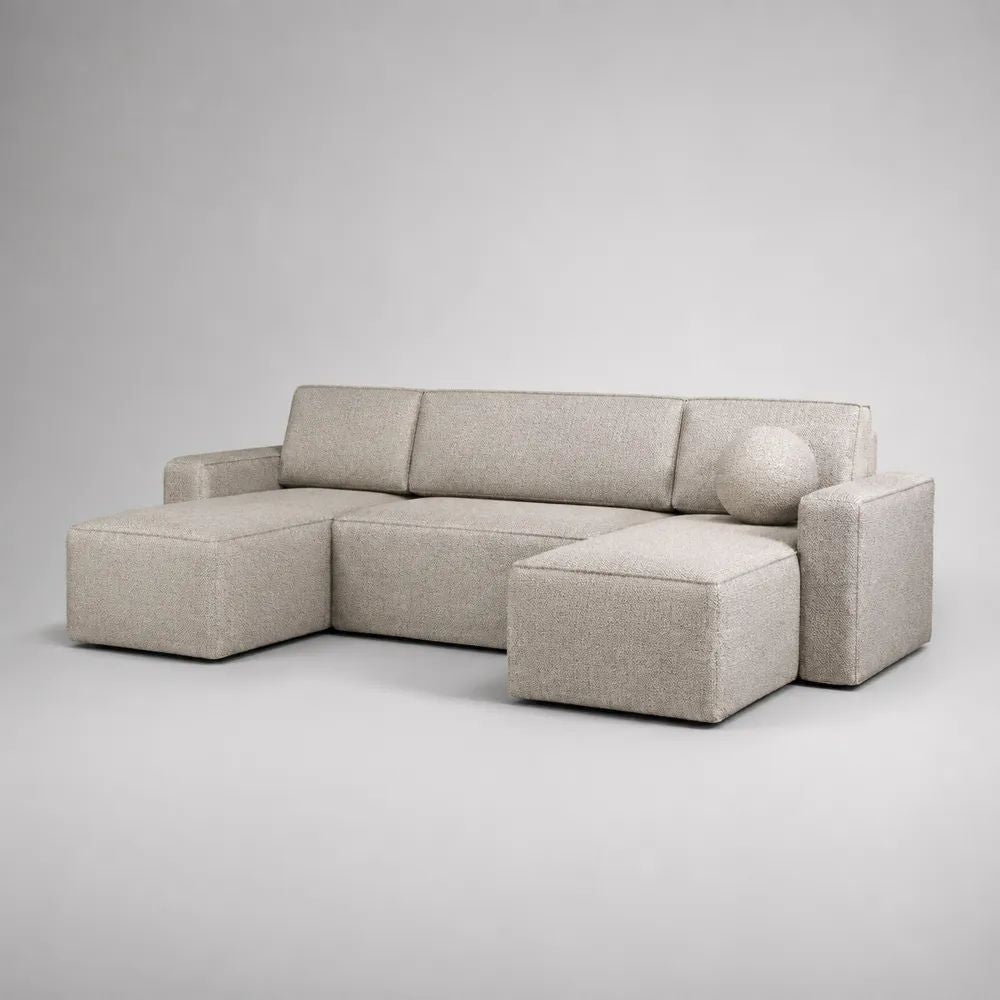 Modulares Ecksofa, 3-Sitzer in L-Form mit Ottomane, Polyester-Bouclé, Cremeweiß, 260 × 170 × 82 cm