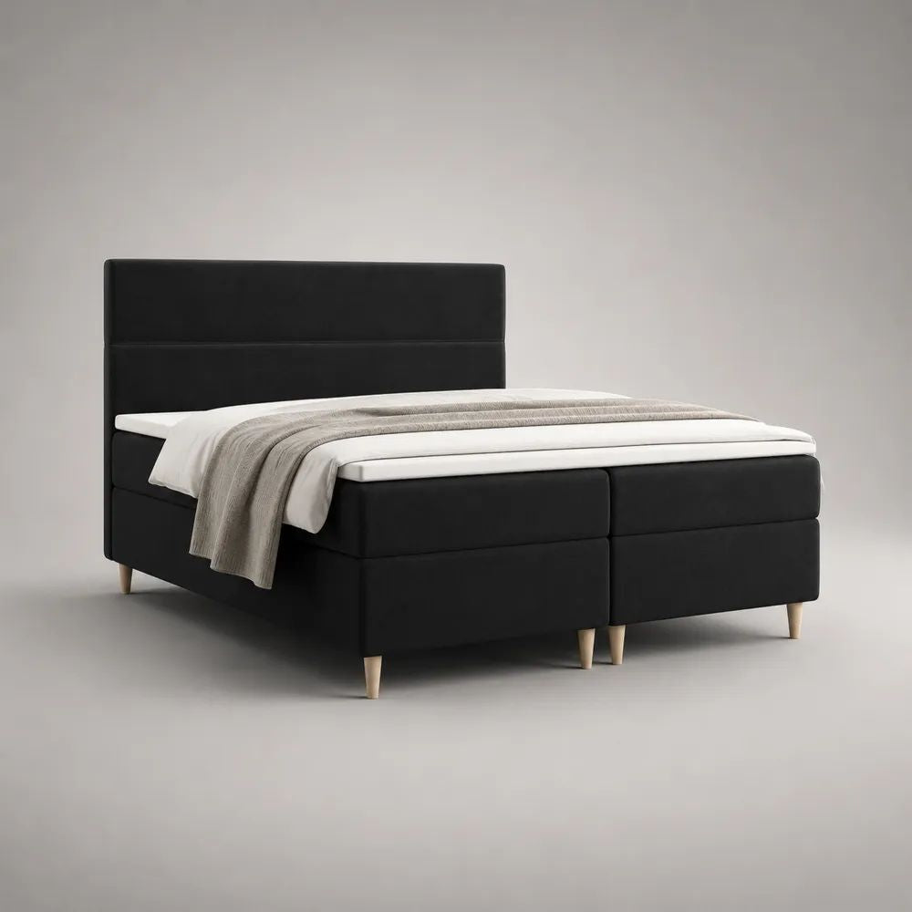 Boxspringbett-Komplettset 180 x 200 cm aus PU-Kunstleder mit Taschenfederkernmatratzen und Topper, Schwarz/Weiß