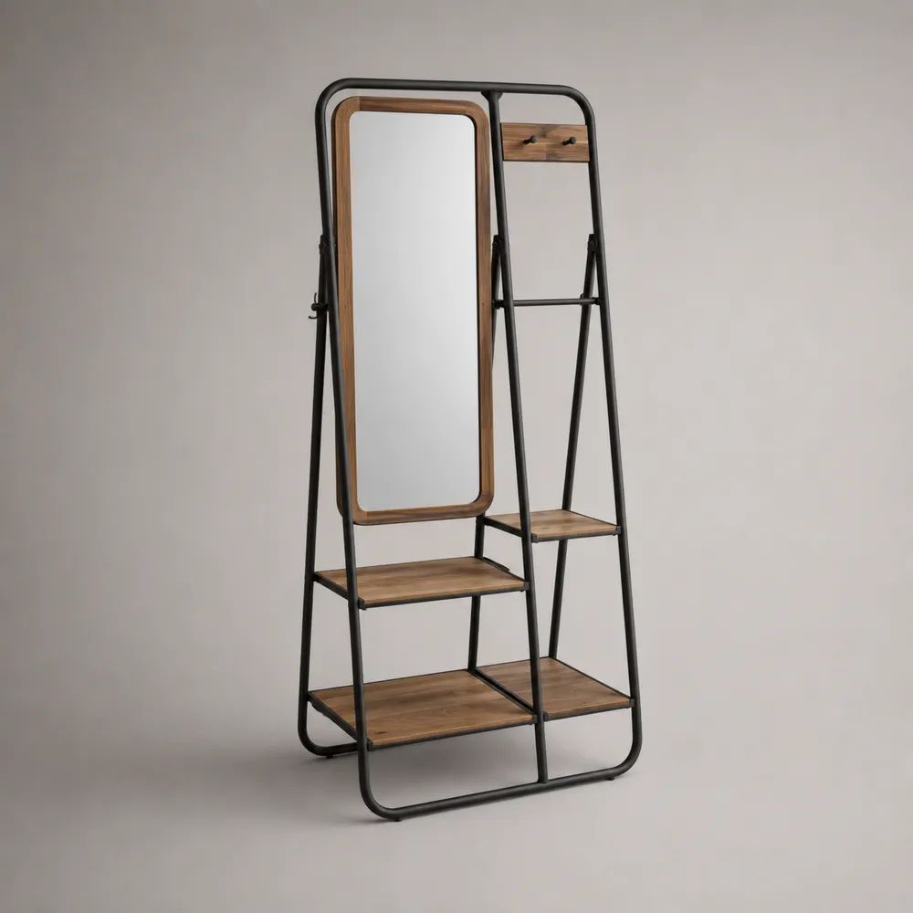 Flurgarderobe mit Ganzkörperspiegel, 3 Ablagen und 2 Haken aus Stahl und MDF, Schwarz/Braun, 80 × 40 × 180 cm