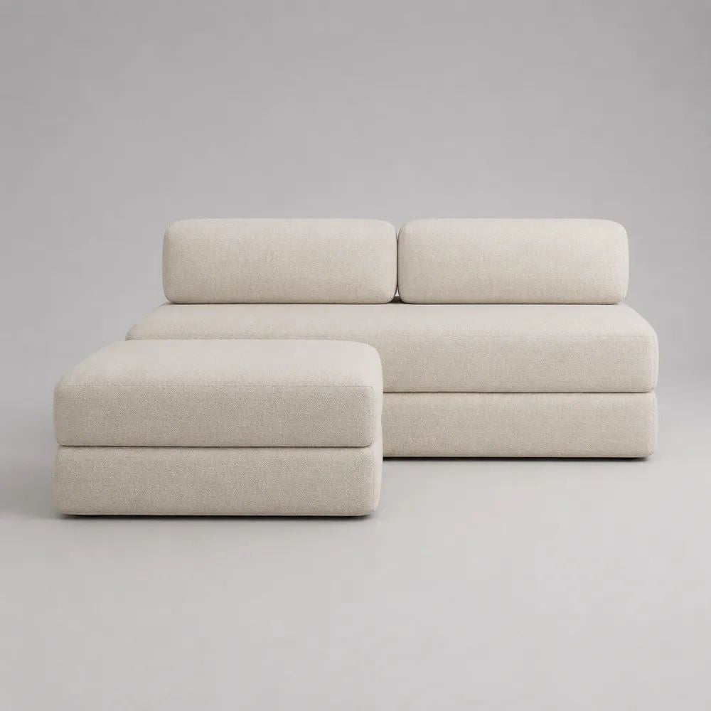 Modulares 2-Sitzer-Sofa-Set mit Ottomane aus Polyester-Bouclé in Cremeweiß, 190 × 190 × 75 cm