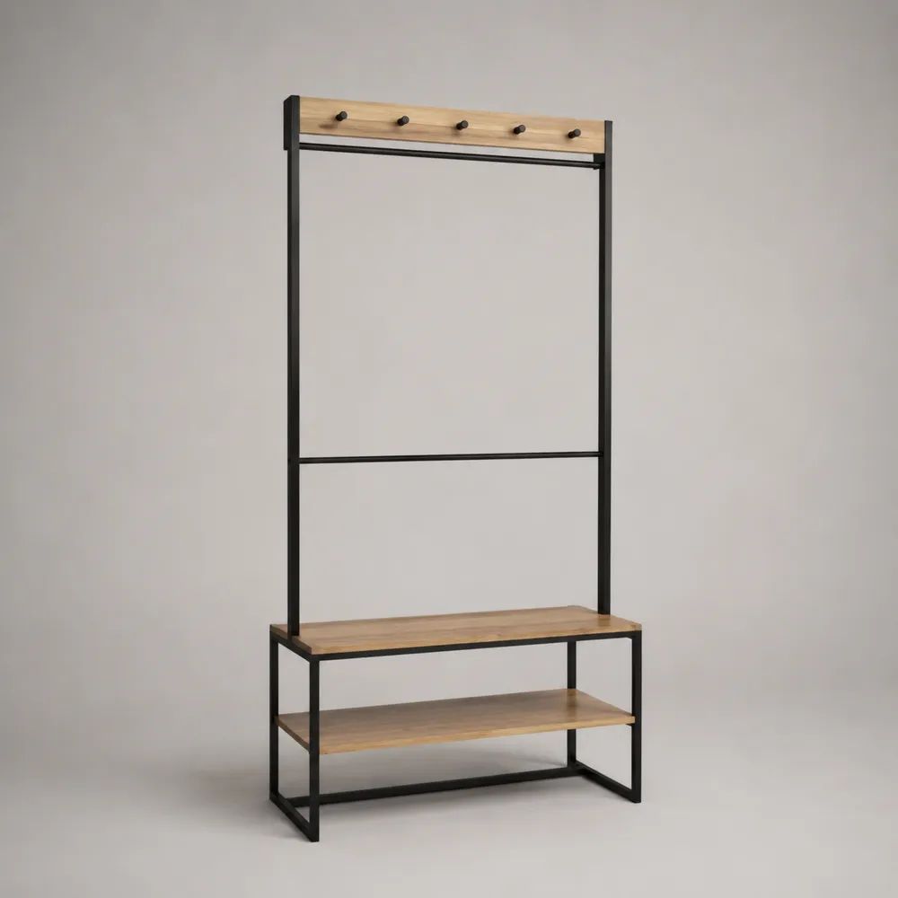 Flurgarderobe aus Stahl und MDF mit Sitzbank, Schuhablage, 5 Haken und 2 Kleiderstangen, Eichefarben/Schwarz, 80 × 35 × 180 cm