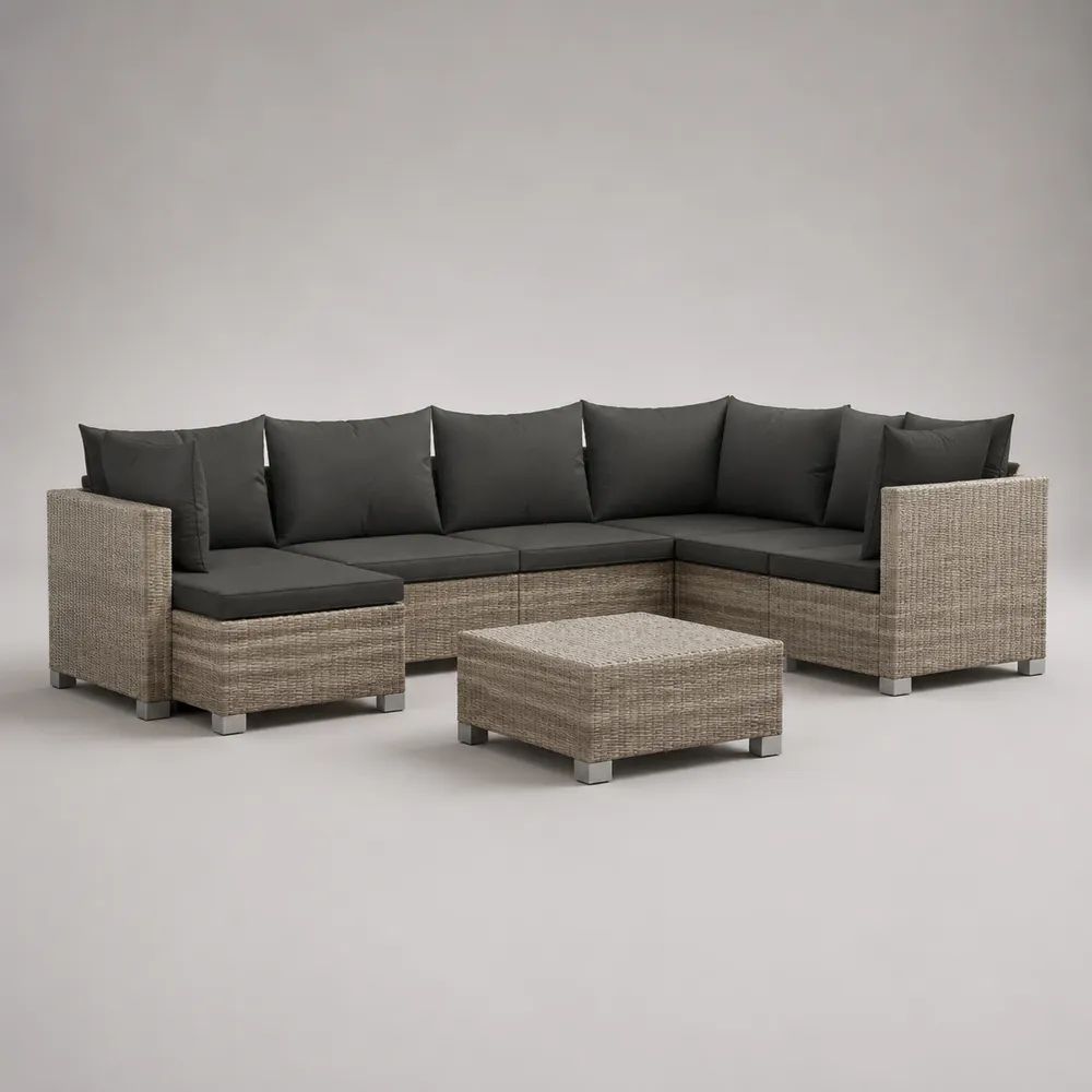 Gartenlounge-Set 8-teilig, U-förmig, aus PE-Rattan mit Polstern, Hellgrau/Anthrazit, Module 71 × 71 × 65 cm und 61 × 71 × 65 cm, Hocker 61 × 61 × 32 cm