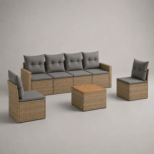 4-teiliges Gartenmöbel-Set aus PE-Rattan mit 4-Sitzer-Sofa, 2 Sesseln und Tisch, Beige/Grau/Braun, Sofa 240 × 65 × 72 cm