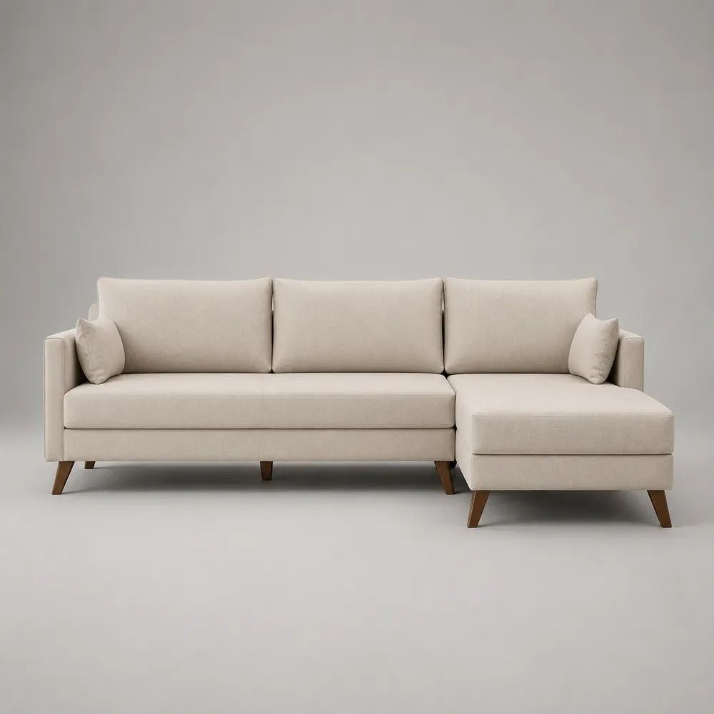 Ecksofa mit Recamiere rechts, 3-Sitzer aus Polyester-Flachgewebe, Beige, 225 × 145 × 85 cm