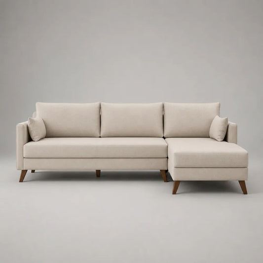 Ecksofa mit Recamiere rechts, 3-Sitzer aus Polyester-Flachgewebe, Beige, 225 × 145 × 85 cm