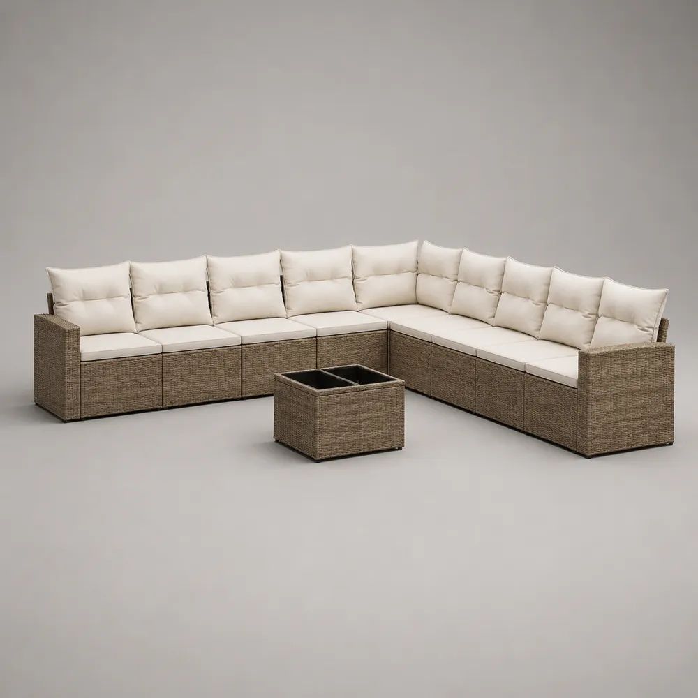 9-teiliges Gartenlounge-Ecksofa-Set aus PE-Rattan mit Tisch, 8-Sitzer in L-Form, Taupe/Cremeweiß, 313 x 258 x 74 cm