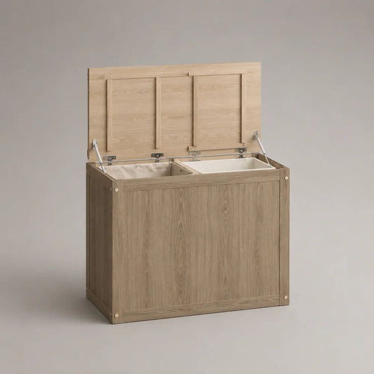 Wäschekorb mit Klappdeckel und 2 Fächern aus MDF in Eichenoptik, Natur, 100 × 40 × 80 cm