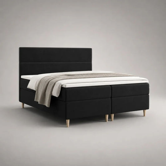 Boxspringbett-Komplettset 180 x 200 cm aus PU-Kunstleder mit Taschenfederkernmatratzen und Topper, Schwarz/Weiß