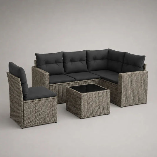 5-teilige Gartenlounge aus PE-Rattan mit Ecksofa, Sessel, Tisch und Kissen, Grau/Anthrazit/Schwarz, 204 × 136 × 74 cm