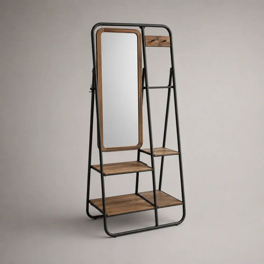 Flurgarderobe mit Ganzkörperspiegel, 3 Ablagen und 2 Haken aus Stahl und MDF, Schwarz/Braun, 80 × 40 × 180 cm