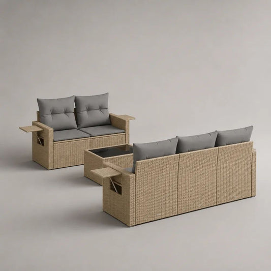 3-teiliges Garten-Lounge-Set aus PE-Rattan mit Glastisch, 5-Sitzer, Beige/Grau/Schwarz, Dreisitzer 190 × 72 × 74 cm, Zweisitzer 132 × 72 × 74 cm, Tisch 90 × 55 × 42 cm