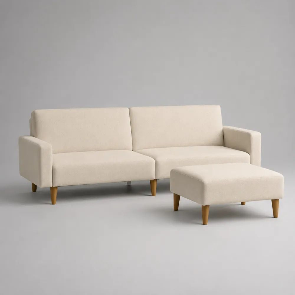 3-Sitzer-Sofa mit Hocker, Stoffbezug und Holzfüßen, Creme/Hellbraun, Sofa 190 x 82 x 82 cm, Hocker 90 x 60 x 43 cm