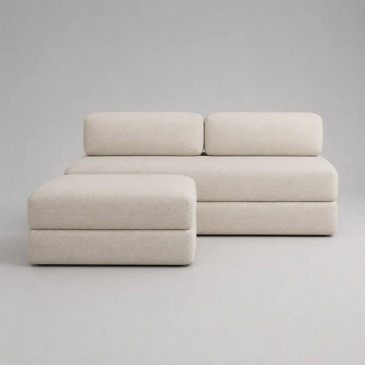 Modulares 2-Sitzer-Sofa-Set mit Ottomane aus Polyester-Bouclé in Cremeweiß, 190 × 190 × 75 cm