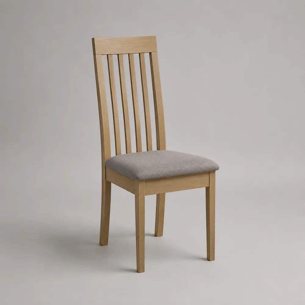Esszimmerstuhl aus massiver Eiche mit grauem Stoffbezug und Polstersitz, 45 × 52 × 98 cm, Natur/Grau
