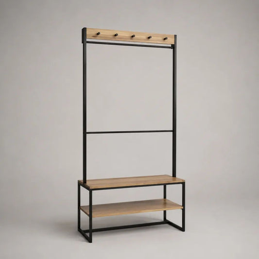 Flurgarderobe aus Stahl und MDF mit Sitzbank, Schuhablage, 5 Haken und 2 Kleiderstangen, Eichefarben/Schwarz, 80 × 35 × 180 cm