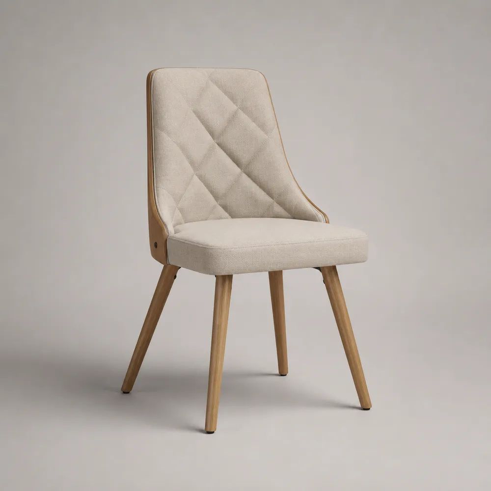 Esszimmerstuhl aus Holz und Stoff mit hoher gesteppter Rückenlehne, Beige/Natur, 48 × 58 × 86 cm