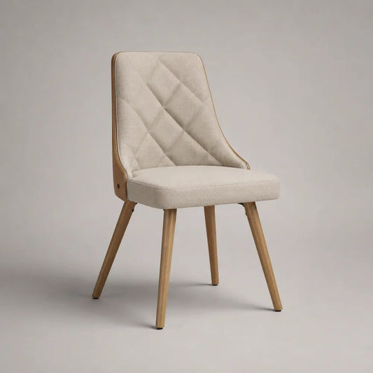 Esszimmerstuhl aus Holz und Stoff mit hoher gesteppter Rückenlehne, Beige/Natur, 48 × 58 × 86 cm