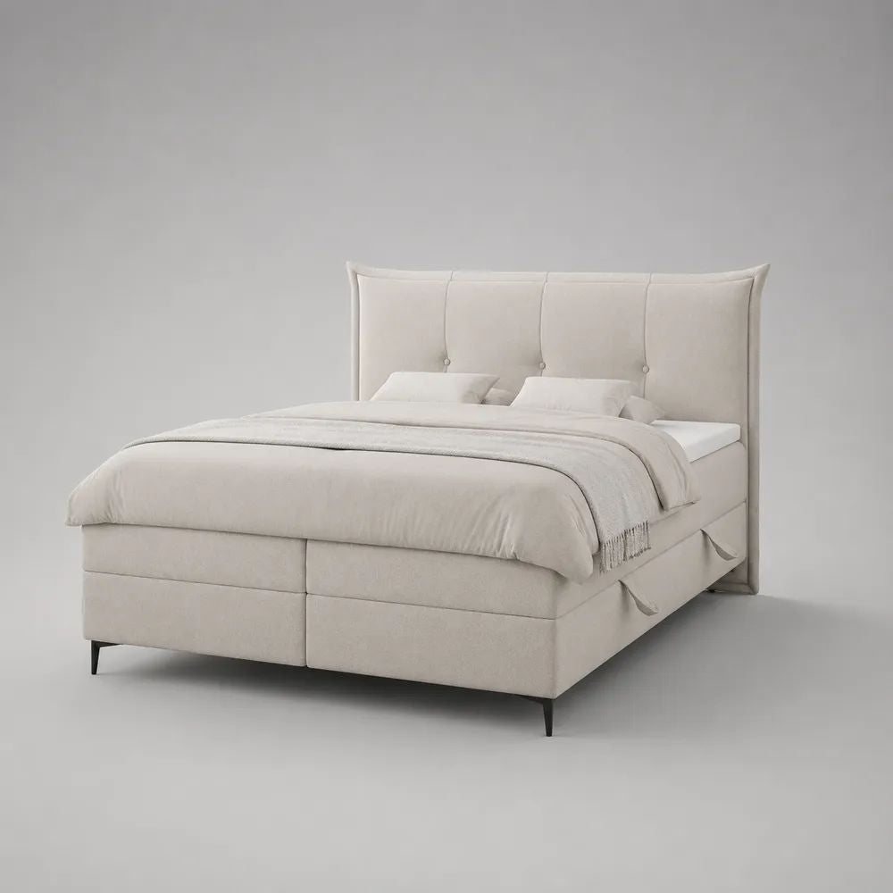 Boxspringbett mit Bettkasten, Taschenfederkernmatratzen und Topper, Polyester-Chenille, Cremeweiß, Liegefläche 180 × 200 cm, Gesamtmaß 190 × 215 × 130 cm