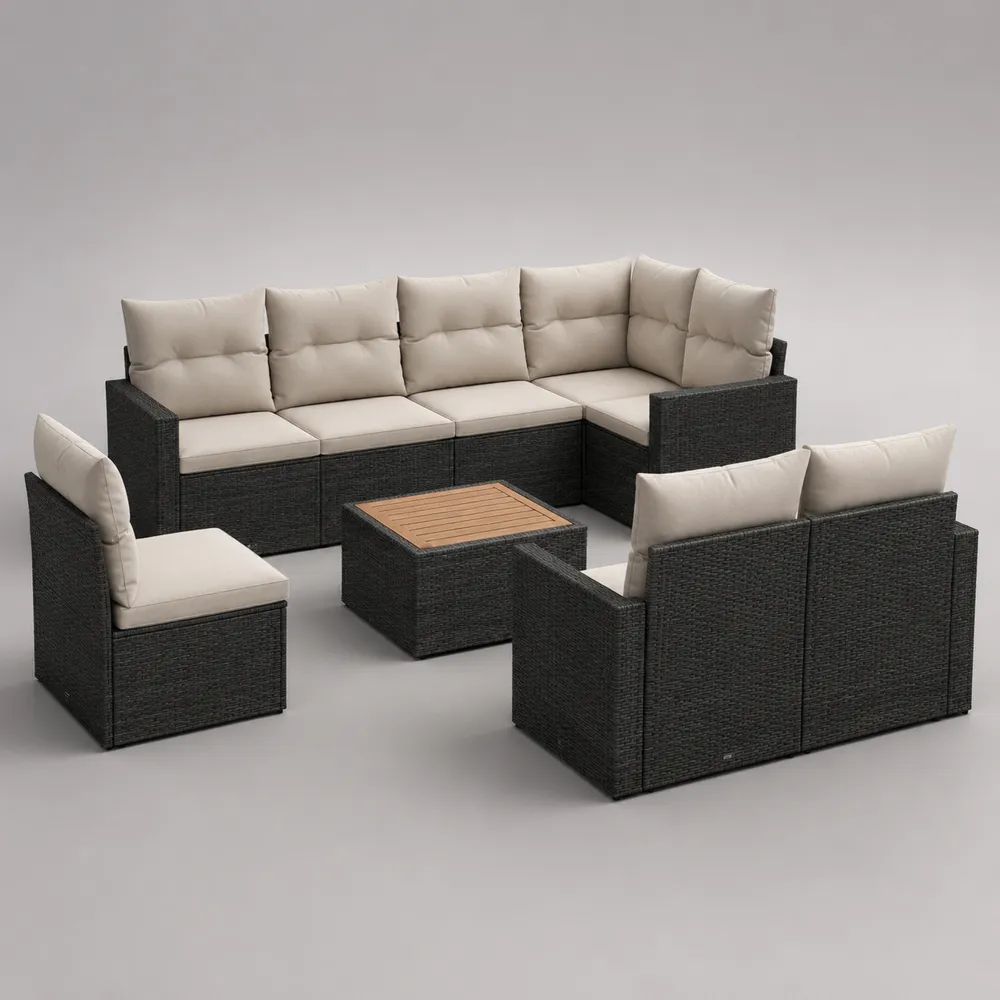 9-teiliges Gartenmöbel-Set für 8 Personen aus PE-Rattan mit Polstern, Modulen 67–72 x 72 x 74 cm und Tisch 65 x 65 x 36 cm, Schwarz/Beige/Braun