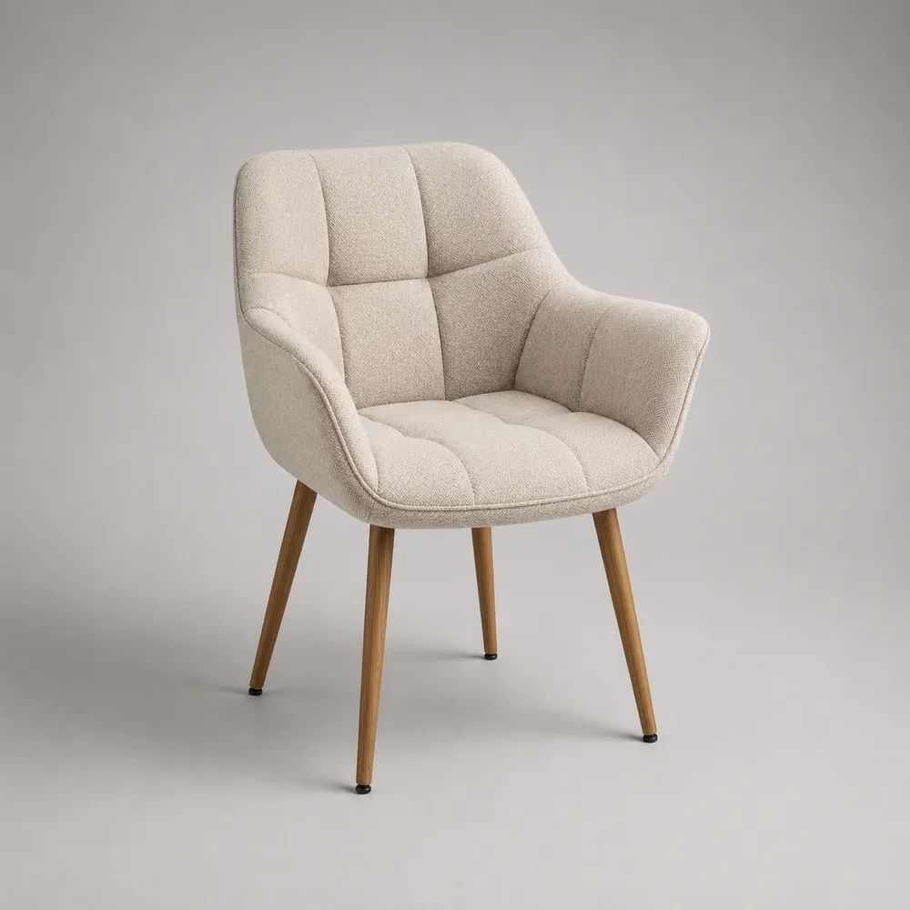 Gepolsterter Esszimmerstuhl mit Armlehnen, Stoffbezug und Holzbeinen, Beige, 64 × 62 × 84 cm