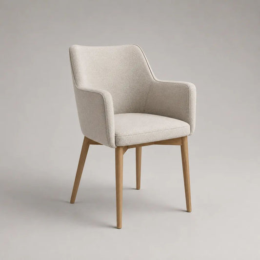 Esszimmerstuhl mit Armlehnen, Polyester-Bouclé und Massivholzgestell, Creme/Natur, 60 x 60 x 84 cm