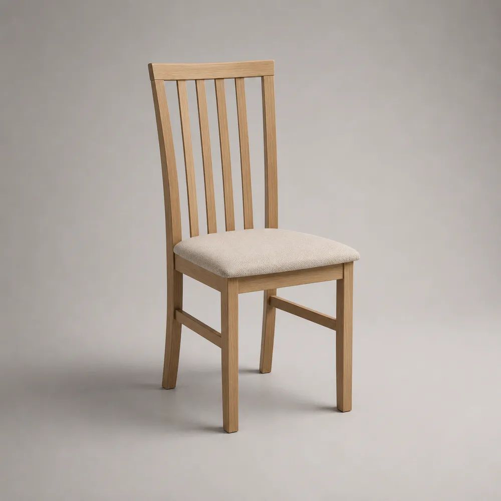Esszimmerstuhl aus massivem Eichenholz mit Polstersitz und Sprossenlehne, Natur/Beige, 44 × 50 × 98 cm