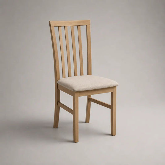 Esszimmerstuhl aus massivem Eichenholz mit Polstersitz und Sprossenlehne, Natur/Beige, 44 × 50 × 98 cm