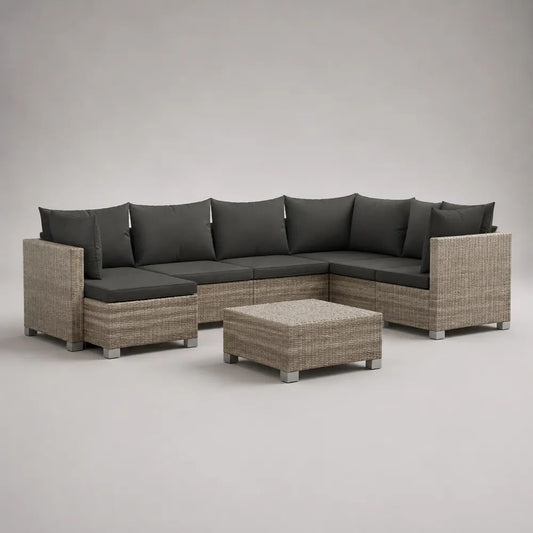 Gartenlounge-Set 8-teilig, U-förmig, aus PE-Rattan mit Polstern, Hellgrau/Anthrazit, Module 71 × 71 × 65 cm und 61 × 71 × 65 cm, Hocker 61 × 61 × 32 cm