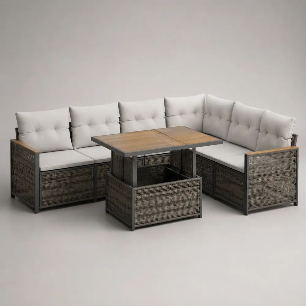 2-teiliges Garten-Lounge-Set mit L-förmigem 6-Sitzer-Ecksofa und Esstisch aus PE-Rattan und Stahl, Anthrazit/Graubraun/Beige/Holzbraun, Sofa 238 × 178 × 78 cm, Tisch 140 × 80 × 68 cm