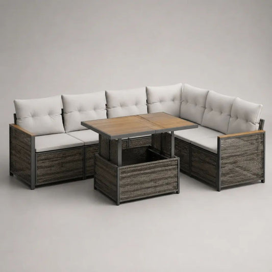 2-teiliges Garten-Lounge-Set mit L-förmigem 6-Sitzer-Ecksofa und Esstisch aus PE-Rattan und Stahl, Anthrazit/Graubraun/Beige/Holzbraun, Sofa 238 × 178 × 78 cm, Tisch 140 × 80 × 68 cm