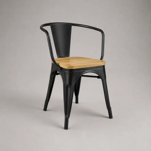 Esszimmerstuhl mit Armlehnen aus Stahl und Massivholz, Schwarz/Natur, 52 × 52 × 83 cm
